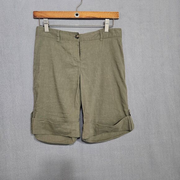 theory Sz 2 Linen Blend Safari Shorts Bermuda Legnth Cuffed Roll Tab Drab Green - Picture 8 of 8